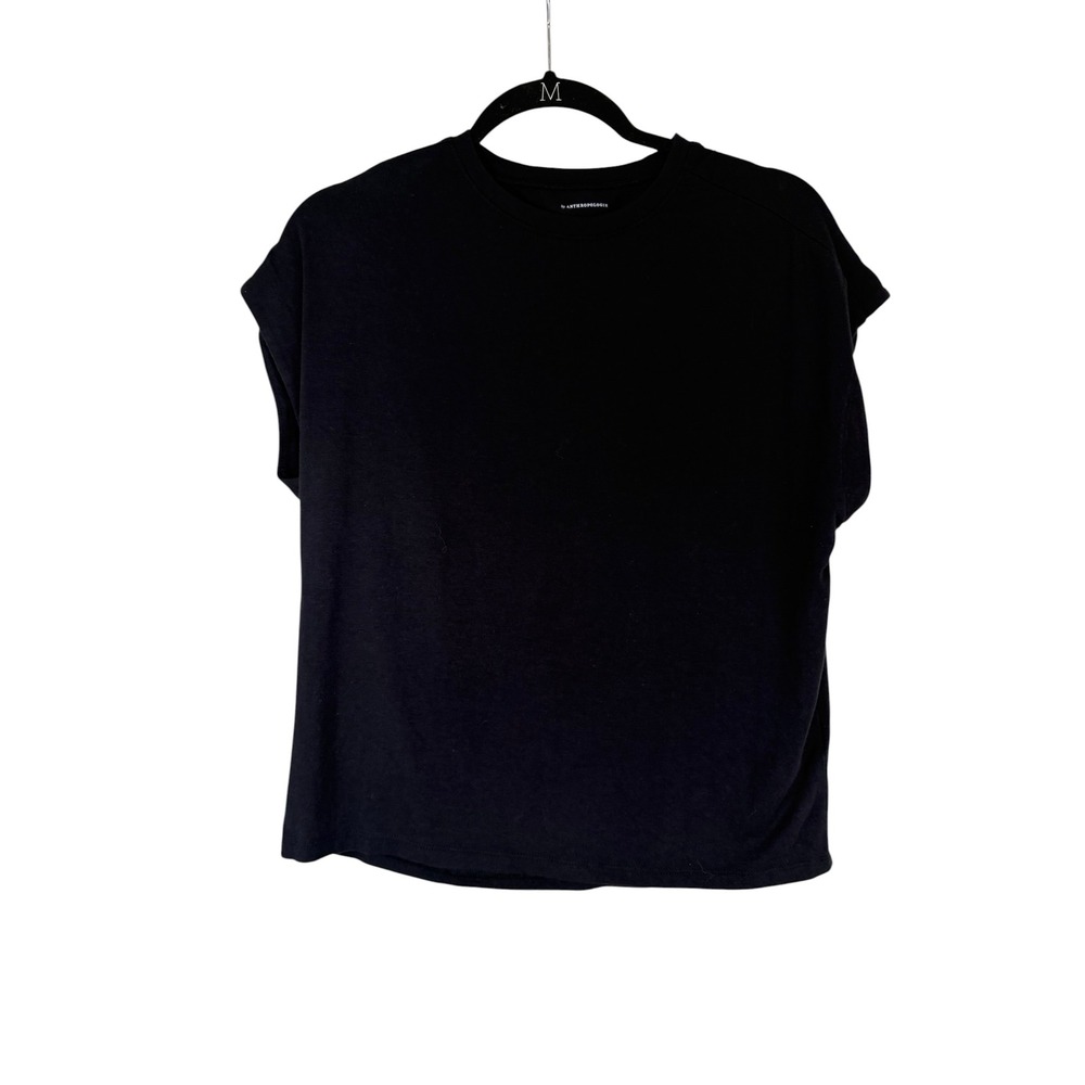 Free People Women Black Cap Sleeve Crew Neck Jersey Knit T-Shirt Size S
